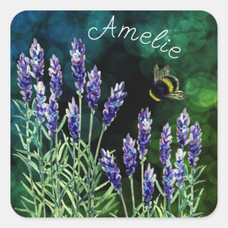 Pegatina Cuadrada Lavanda y abejorros pintados con acuarelas