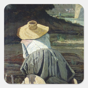 Pegatina Cuadrada Lavandera por el río, 1860