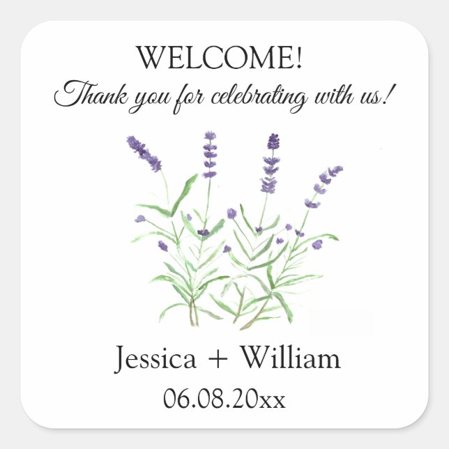 Pegatina Cuadrada Lavender acuarela Floral Boda moderno (Anverso)