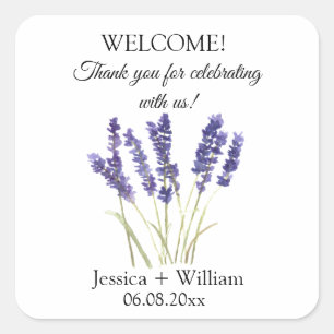 Pegatina Cuadrada Lavender acuarela Floral Boda moderno