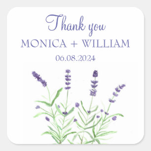 Pegatina Cuadrada Lavender acuarela hierbas flores púrpura rústico