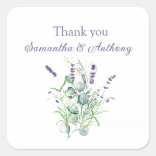 Pegatina Cuadrada Lavender Eucalyptus Watercolor Herbs Boda