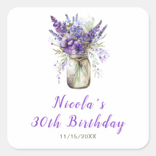 Pegatina Cuadrada Lavender Mason Jar Cumpleaños