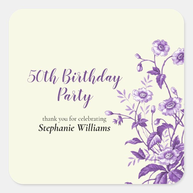 Pegatina Cuadrada Lavender Wildflower Women's 50th Birthday Party (Anverso)