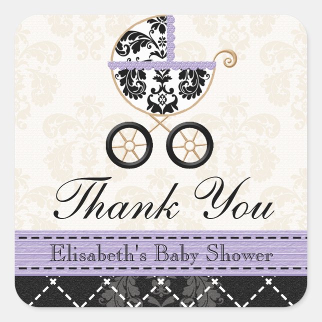 Pegatina Cuadrada LAVENDER y Black Damask Baby Carriles Gracias (Anverso)