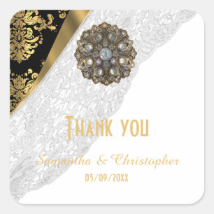 Pegatina Cuadrada Lazo blanco, oro, patrón de damasco negro gracias