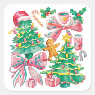 Pegatina Cuadrada Lazo de árbol de Navidad elegante rosa azul Coquet
