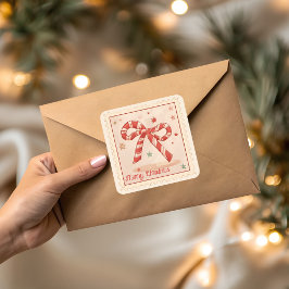 Pegatina Cuadrada Lazo de Caña de Caramelo Antiguo Feliz Navidad