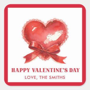 Pegatina Cuadrada Lazo de Corazón Rojo Feliz Día de San Valentín