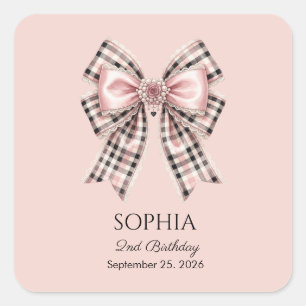 Pegatina Cuadrada Lazo de gingham rosa Cumpleaños personalizado con