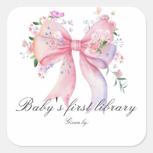 Pegatina Cuadrada Lazo floral Baby shower - primera biblioteca del b