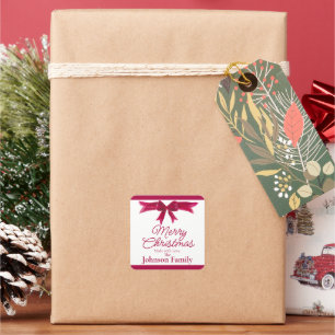 Pegatina Cuadrada Lazo Rojo de Navidad Casero Hecho Con Amor Persona