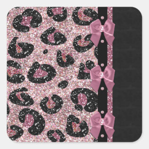 Pegatina Cuadrada Lazos de cinta de estampado de leopardo rosa RAB R