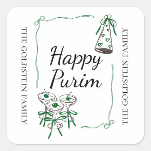 Pegatina Cuadrada Lazos verdes de Purim Parte Sombrero Bebidas Mishl