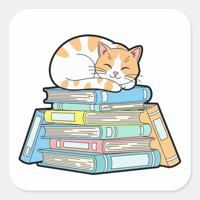 Pegatina Cuadrada Lazy Cat on Books – Cute Cozy Illustration (Anverso)