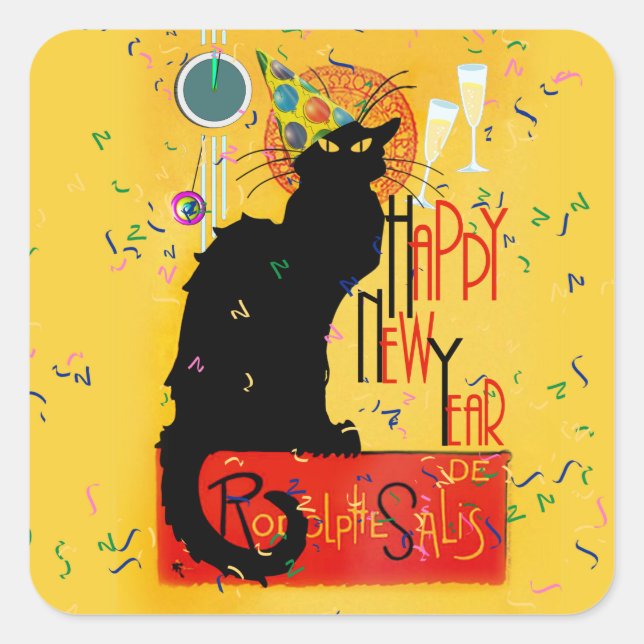 Pegatina Cuadrada Le Chat Noir Feliz Año Nuevo (Anverso)