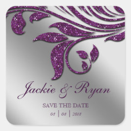 Pegatina Cuadrada Leaf Save Date Boda Pegatinas Purple Sparkle 2