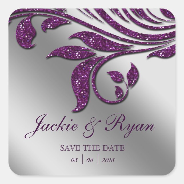 Pegatina Cuadrada Leaf Save Date Boda Pegatinas Purple Sparkle 2 (Anverso)