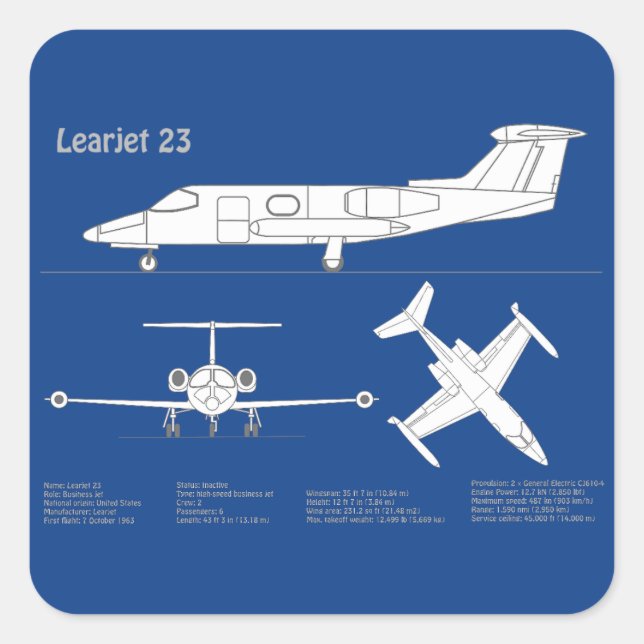 Pegatina Cuadrada Learjet 23 - Planes de dibujo del avión ABD (Anverso)