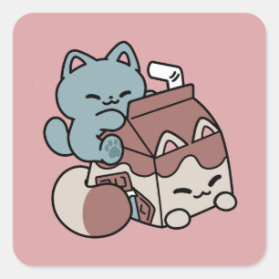 Pegatina Cuadrada Leche de Chocolate Kawaii Gato – Bebida Acogedora 