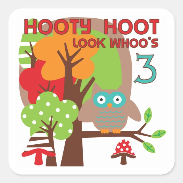 Pegatina Cuadrada Lechuza 3 camisetas de cumpleaños y regalos (Anverso)