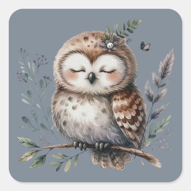 Pegatina Cuadrada Lechuza acuarela con estilo de bosque floral (Anverso)