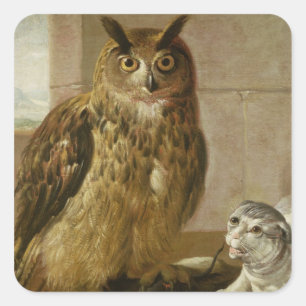 Pegatina Cuadrada Lechuza águila y gato con ratas muertas