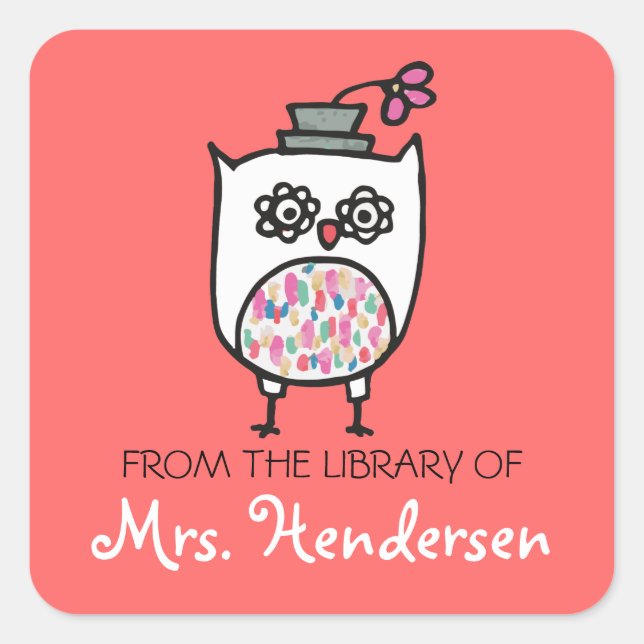 Pegatina Cuadrada Lechuza blanca con Gorra. Libros cuadrados (Anverso)