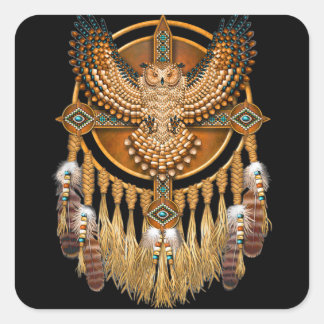 Pegatina Cuadrada Lechuza de arte tribal nativa estadounidense