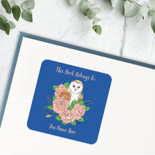 Pegatina Cuadrada Lechuza de Granero Flores Rosas Exlibris Azul