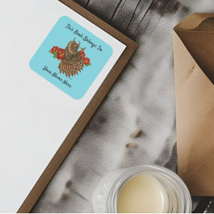 Pegatina Cuadrada Lechuza de rosas rojas placa de libro azul