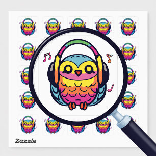 Pegatina Cuadrada Lechuza feliz con audífonos escuchando música.