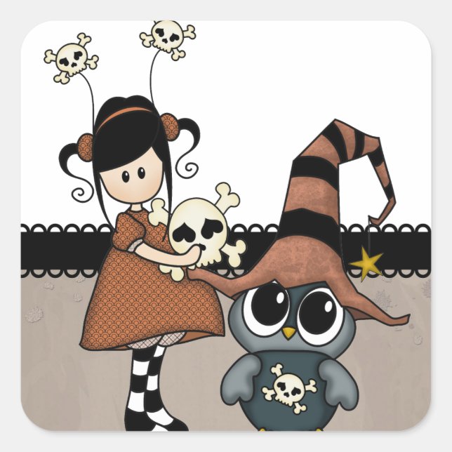 Pegatina Cuadrada Lechuza Halloween y Chica con calaveras, ¡delicios (Anverso)