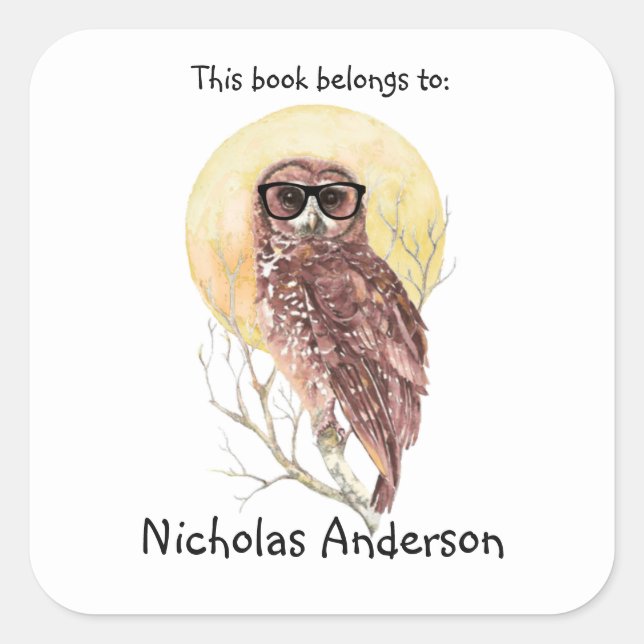 Pegatina Cuadrada Lechuza Hipster Geek en Glasses Guay Bookplate (Anverso)