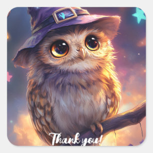 Pegatina Cuadrada Lechuza linda con un Gorra de brujas