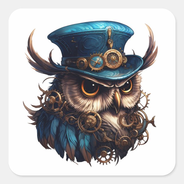 Pegatina Cuadrada Lechuza Steampunk (Anverso)