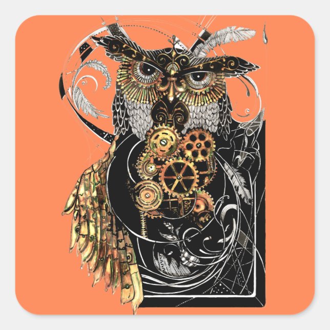 Pegatina Cuadrada Lechuza Steampunk (Anverso)