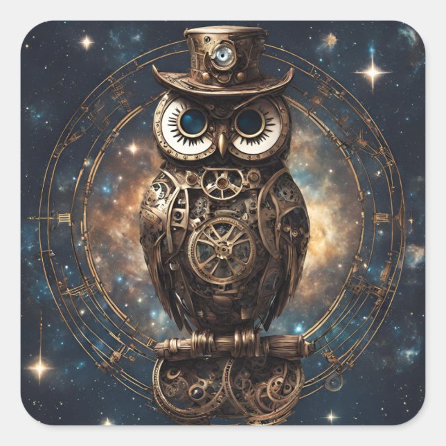 Pegatina Cuadrada Lechuza Steampunk (Anverso)
