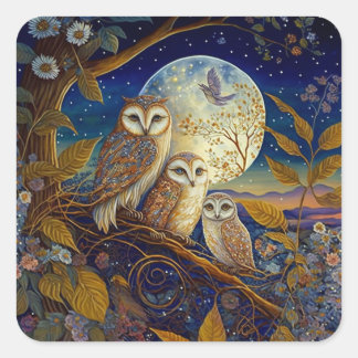 Pegatina Cuadrada Lechuzas Al Dusk Bajo La Luna Y Las Estrellas