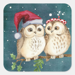 Pegatina Cuadrada Lechuzas de Navidades Cutos
