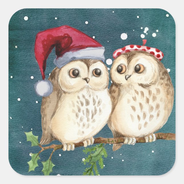 Pegatina Cuadrada Lechuzas de Navidades Cutos (Anverso)
