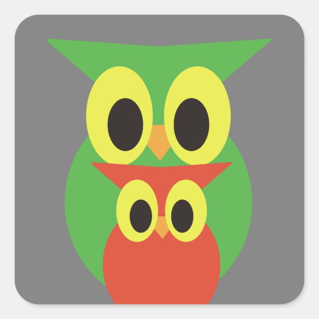 Pegatina Cuadrada Lechuzas verdes y rojas (Anverso)