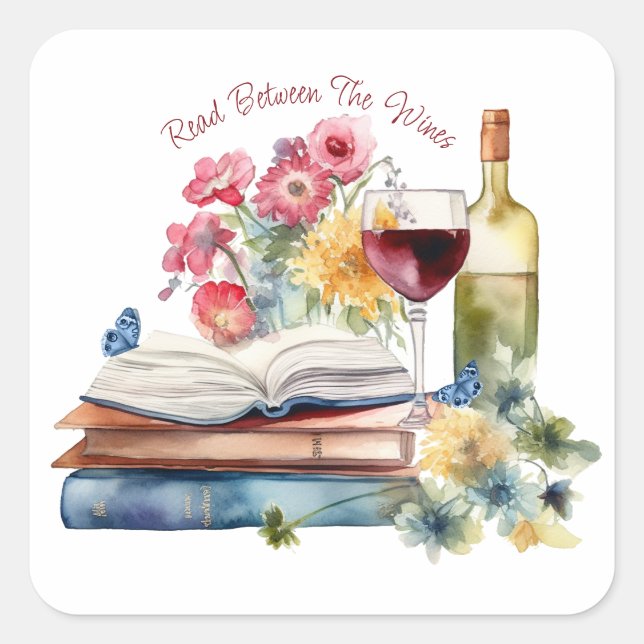 Pegatina Cuadrada Lector entre vinos amante de los libros (Anverso)