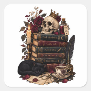 Pegatina Cuadrada Lector gótico de literatura Calavera y rosas
