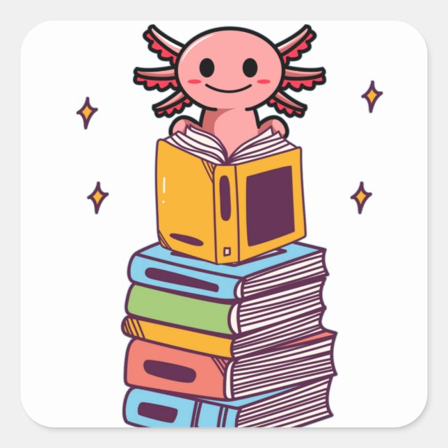 Pegatina Cuadrada Lectura de libros Axolotl (Anverso)
