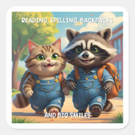 Pegatina Cuadrada Lectura, ortografía, mochilas y sonrisas