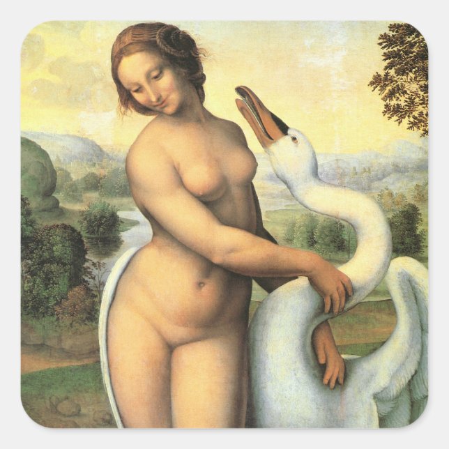 Pegatina Cuadrada Leda y el cisne de Leonardo da Vinci (Anverso)