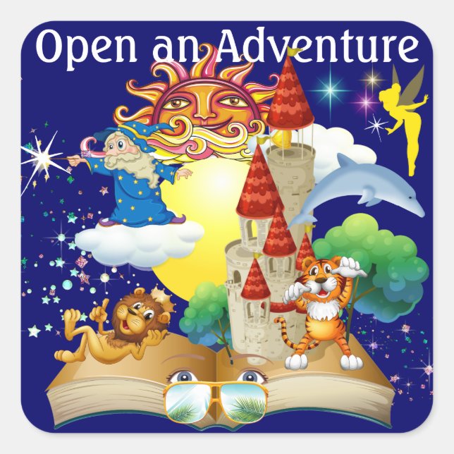 Pegatina Cuadrada Leer - Abrir una aventura - SRF (Anverso)