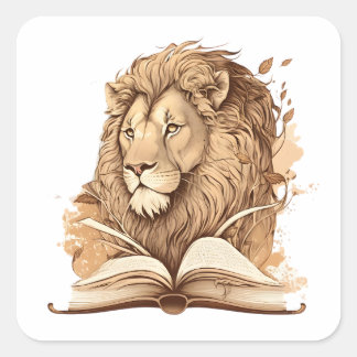 Pegatina Cuadrada Leer libro de leones, salvaje de leer
