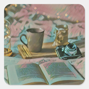 Pegatina Cuadrada Leer libros, beber café